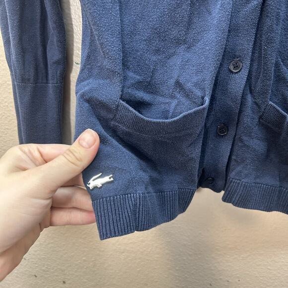 Lacoste Women’s Preppy Button Up Cardigan Navy Blue Silk Back Sheer Sz 32 XXS - Picture 2 of 5